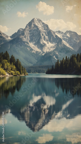 the majesty of mountains, with towering peaks and a serene alpine lake shimmering under the sun in a vintage-inspired aesthetic.