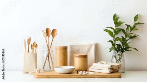 A beautiful still life image of a wooden table with a variety of kitchen utensils and a plant in the background