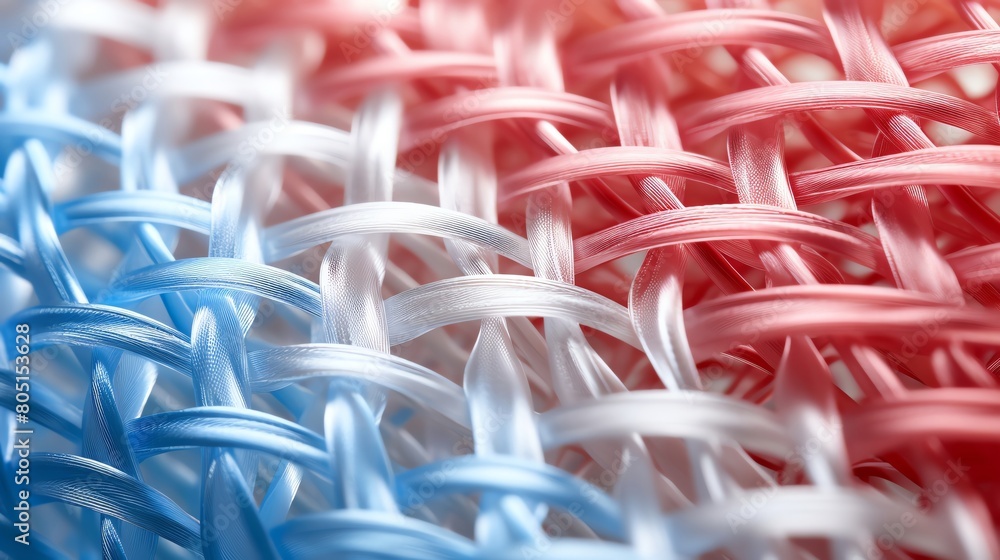 Obraz premium A close-up view of woven fabric featuring red, white, and blue threads, showcasing intricate patterns and textures.