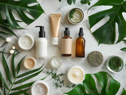 A minimalist skincare routine displayed on a clean  white surface  featuring unbranded products and fresh green leaves.