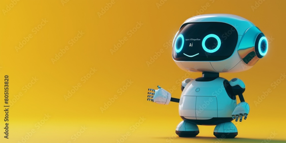 Obraz premium A robot with blue eyes and a smile is standing on a yellow background