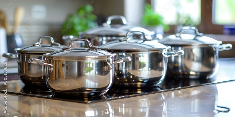 A set of six pots and pans are lined up on a counter A set of six pots and pans are lined up on a counter