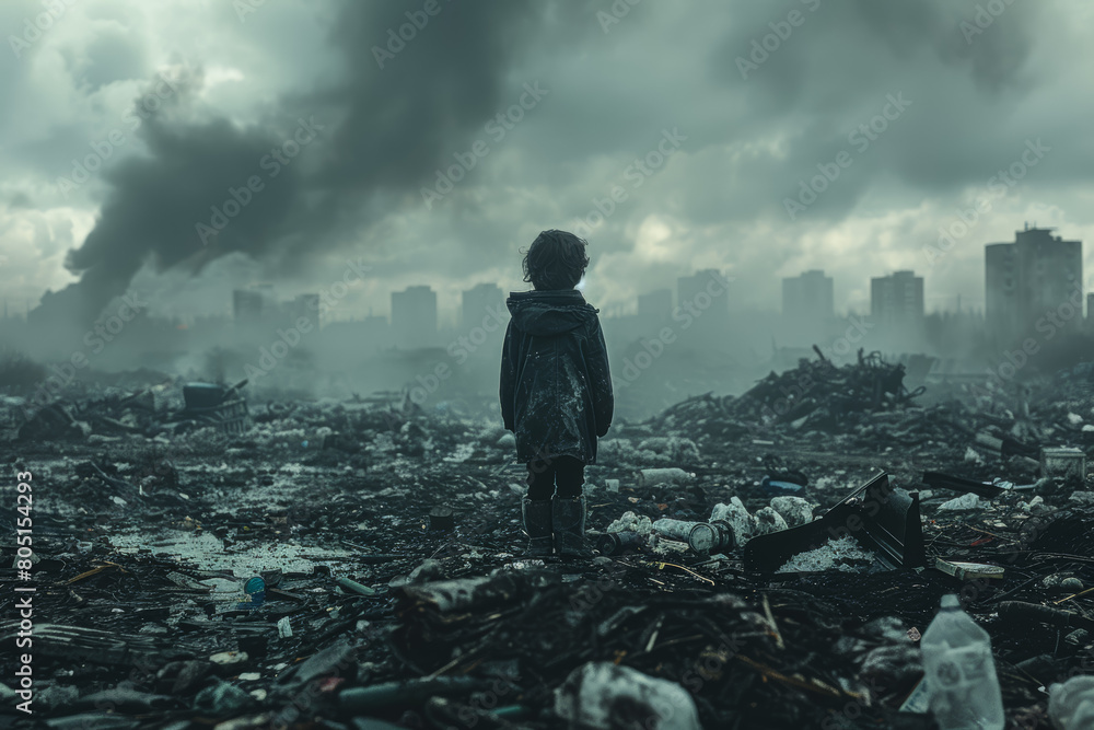 A child scavenging through garbage for scraps of food in a sprawling landfill, representing the harsh reality of poverty and hunger. Concept of urban poverty depiction. Generative Ai.