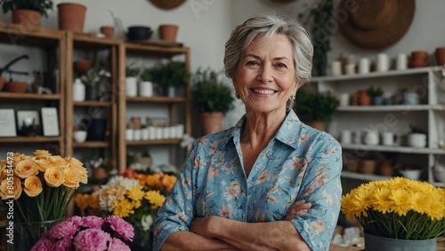 Happy mature woman standing in her flower shop, Plan life insurance of happy retirement. 
