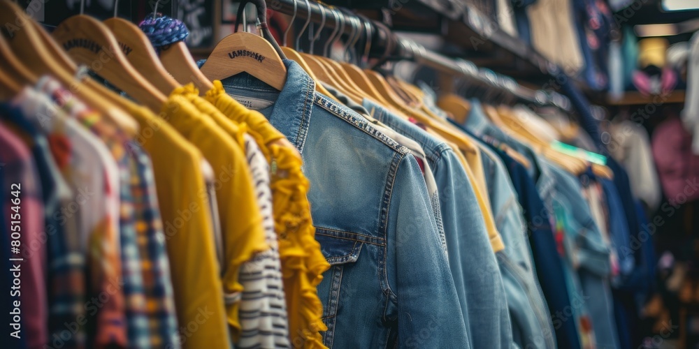 A rack of clothes with a yellow shirt hanging from the middle A rack of clothes with a yellow shirt hanging from the middle