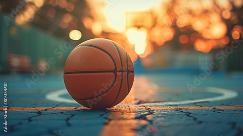 Basketball on an outdoor court at sunset with colorful sky. Court close-up with warm tones. Urban sports and recreation concept. Design for sports event posters, urban youth activities banners.