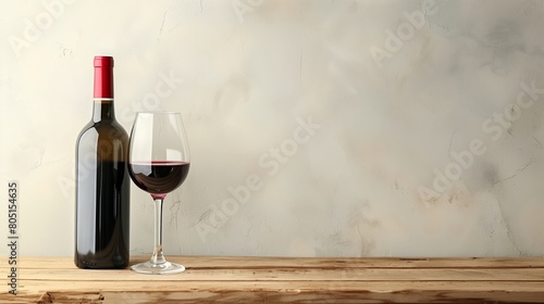 Bottle and glass of red wine on a wooden table against a textured wall background. Minimalistic food and drink photography. Ideal for wine industry marketing and decor for dining areas.