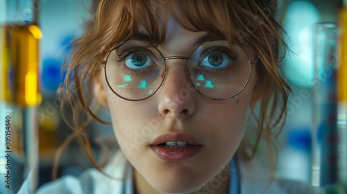 Close-up portrait of a young female scientist in a laboratory, wearing round glasses with reflection of test tubes. Science and research concept. Ideal for educational and scientific communication.