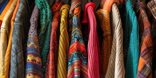 A row of colorful sweaters and a tie hanging on a rack