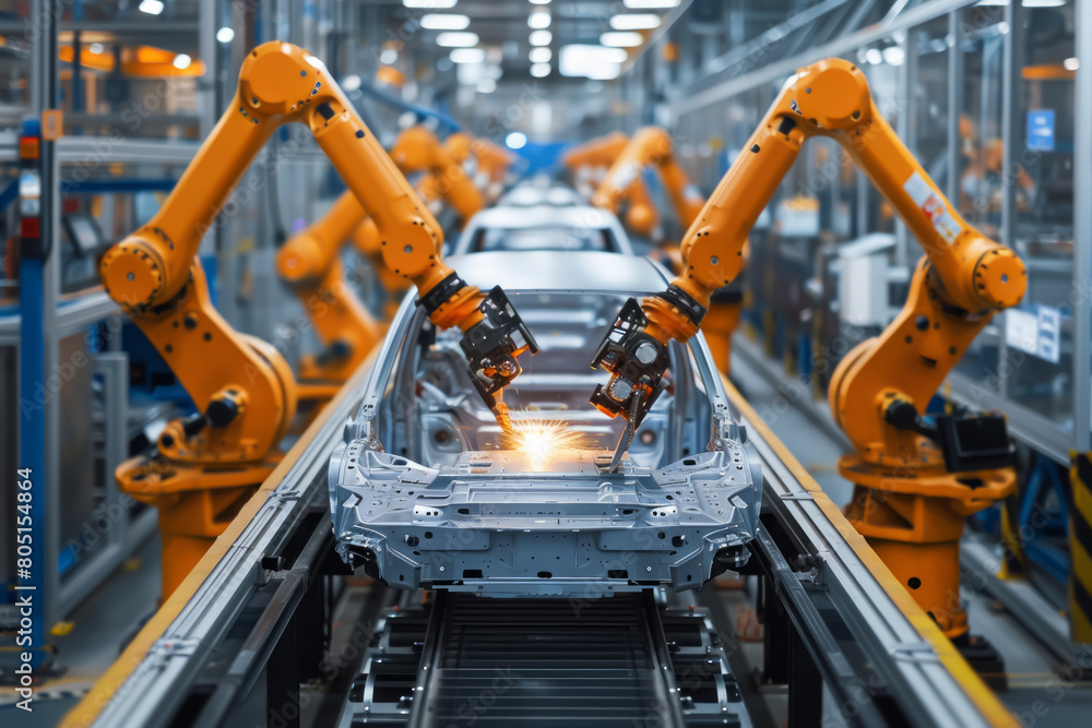 Industrial robots assembling cars on an automated production line in a modern automotive factory. Industrial robots assembling cars on an automated production line in a modern automotive factory.