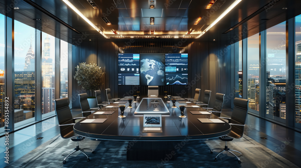 Fototapeta premium Modern corporate boardroom with digital screens and cityscape view at night.