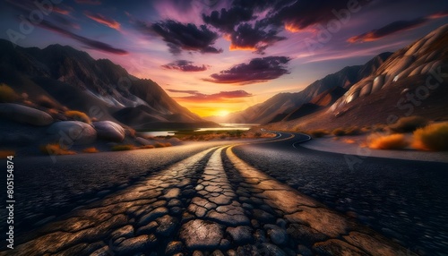 old cracked road leading towards a range mountains photo