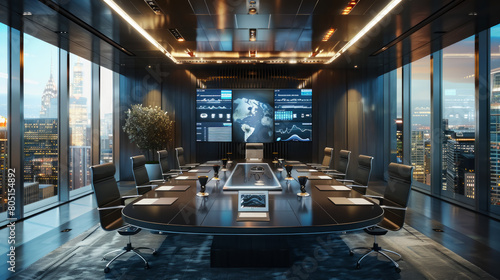 Modern corporate boardroom with digital screens and cityscape view at night.