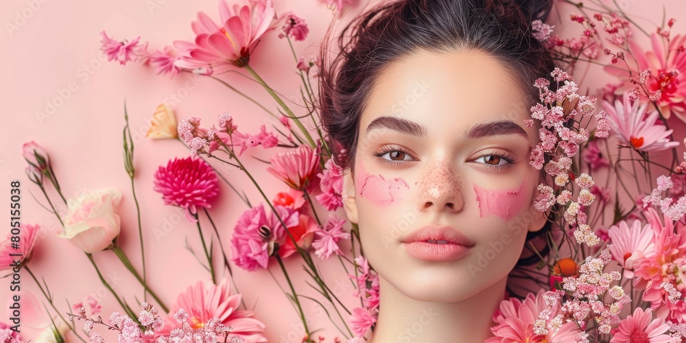 A woman is laying on a bed with flowers surrounding her A woman is laying on a bed with flowers surrounding her