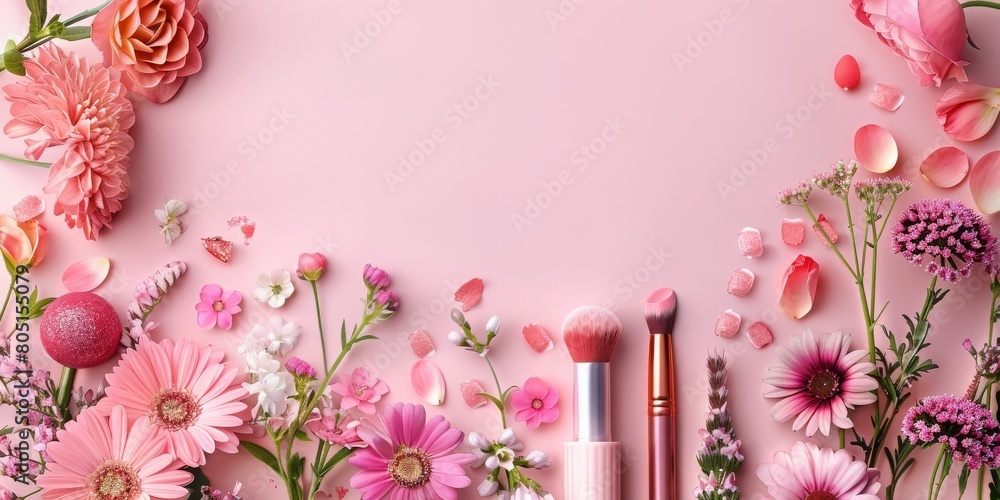 Obraz premium A pink background with flowers and makeup brushes