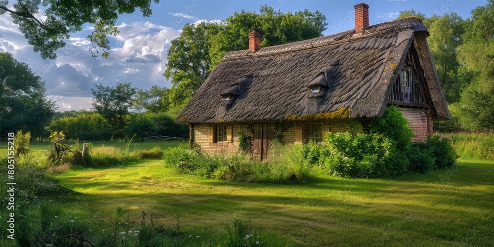 A small house with a thatched roof sits in a grassy field A small house with a thatched roof sits in a grassy field