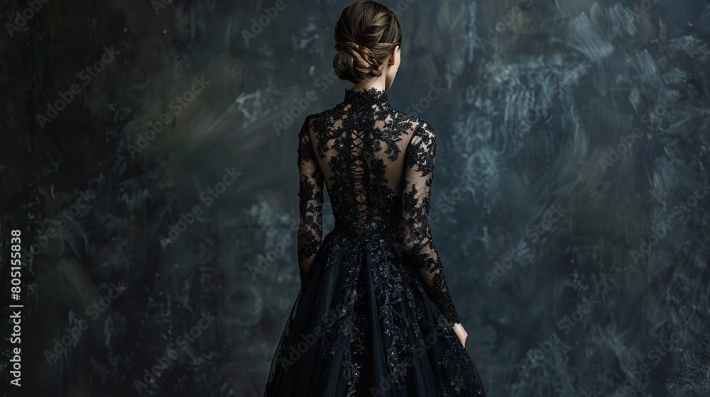 Young Slender Girl Captured from the Back in a Chic Black Lace Evening Gown