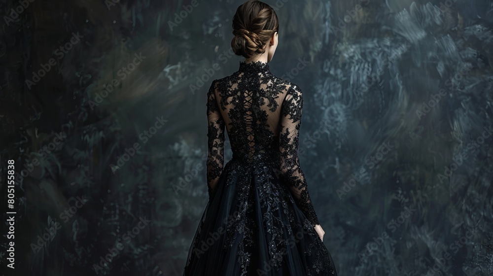 Young Slender Girl Captured from the Back in a Chic Black Lace Evening Gown Young Slender Girl Captured from the Back in a Chic Black Lace Evening Gown