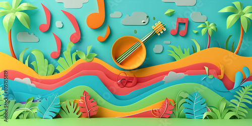 A colorful musical instrument with a violin on it,World music day, paper cut style,Jazz band musical instruments world music day poster abstract invitation.

