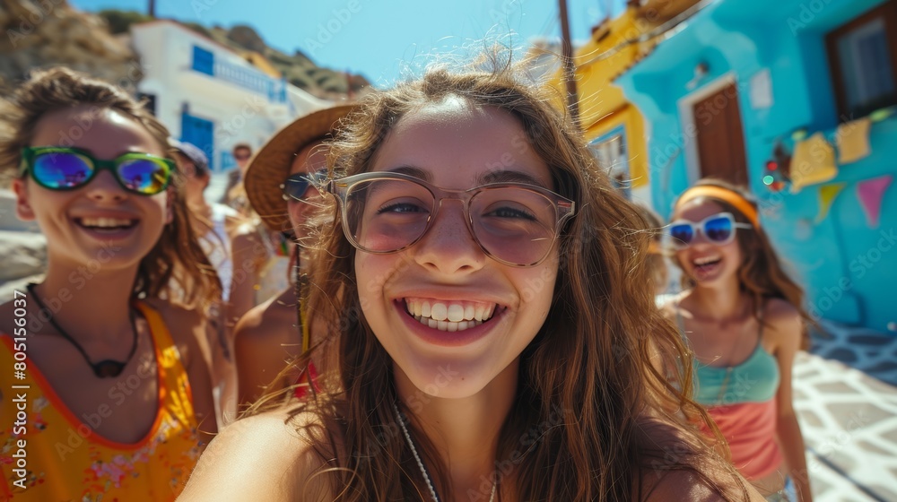 beautiful girl with friends, teens playfully exploring a seaside town beautiful girl with friends, teens playfully exploring a seaside town
