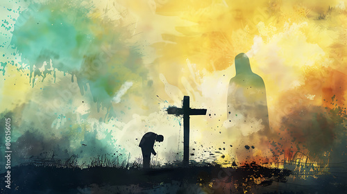 Digital Watercolor Painting: Christian Man Praying at Cross with Jesus Silhouette photo