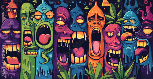 abstract surreal colorful psychedelic trippy background with a marijuana or marihuana leaf and happy consumer faces, weed, drug, wallpaper art or artwork, hashish or hash, thc legalization