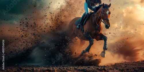 A horse is running through a field of dirt, kicking up dust and debris photo