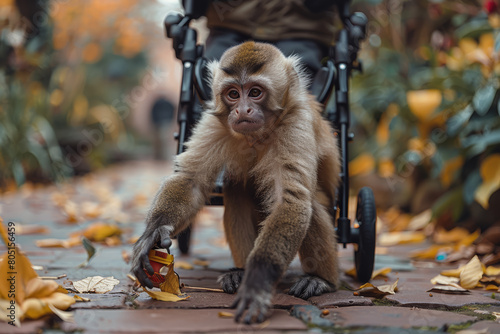 A capuchin monkey assisting a person with mobility impairments by fetching objects and providing support. Concept of monkey aid in disability assistance. Generative Ai. photo