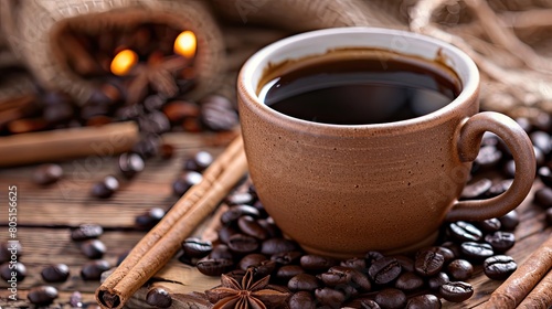 coffee with cinnamon on burlap background