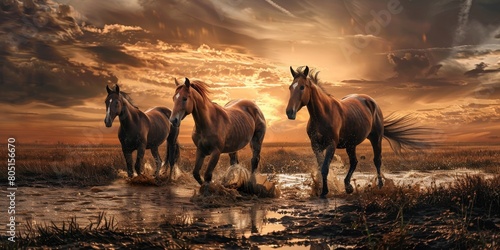 Three horses are running through a field of water