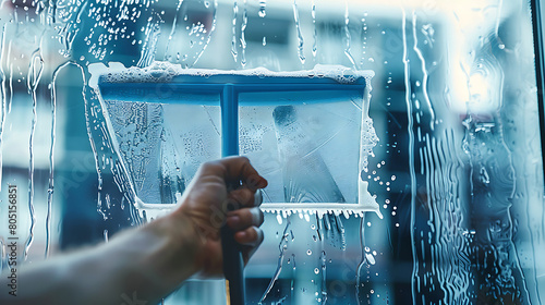 Cleaning dirty glass window with a squeegee.