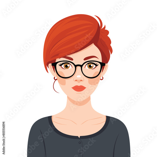 Young female professional standing confidently, red hair, stylish glasses, modern fashion. Casual business attire, intelligent appearance, friendly demeanor, isolated white background. Graphic