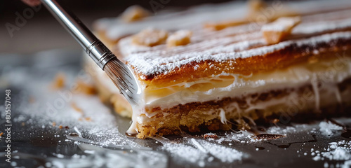 A pastry brush delicately applying a shiny glaze to a perfectly baked Kardinalschnitte.