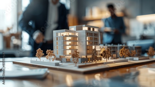 Real Estate Developers, Architects, and Businessmen Strategize around a Complex Scale Model for New Business Buildings in the Office
