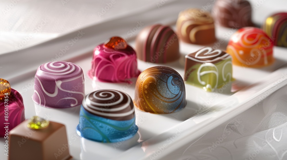 A decadent of colorful, artisanal chocolates , each confection a miniature work of art A decadent of colorful, artisanal chocolates , each confection a miniature work of art
