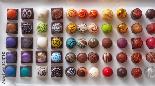 A decadent array of colorful, artisanal chocolates 