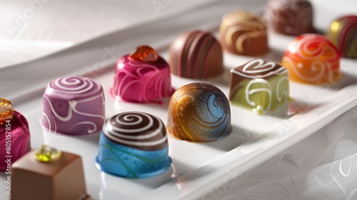 A decadent of colorful, artisanal chocolates , each confection a miniature work of art