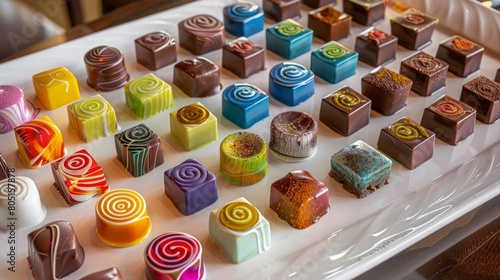 A decadent of colorful, artisanal chocolates, each confection a miniature work of art