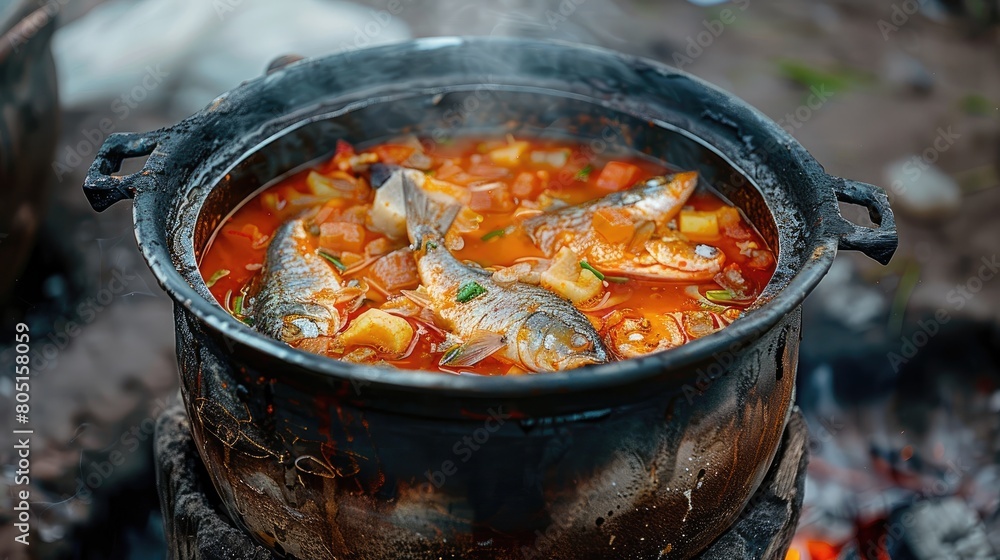 fish soup is cooked in a cauldron outdoors