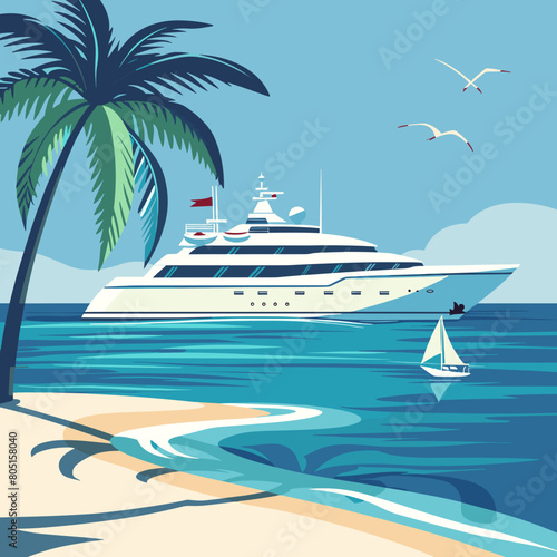 Cruise ship tropical island vacationing background. Luxury voyage cruises on a passenger ship vessel to amazing destinations