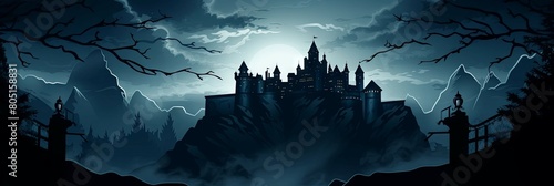 A haunting of a craggy cliff with a castle's turrets and towers silhouetted against a stormy sky, lightning flashing in the distance. Murky shadows creep across the landscape, creating a dramatic and photo