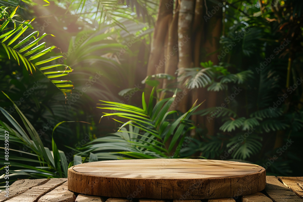 wood podium in beautiful forest with trees and many green plants for product presentation generated by AI wood podium in beautiful forest with trees and many green plants for product presentation generated by AI