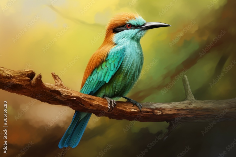 Obraz premium Eye-catching Motmot bird fullbody. Wild tree tail. Generate Ai
