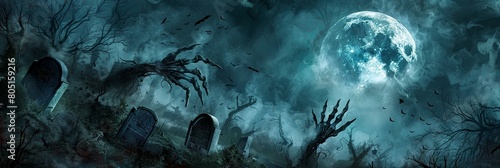 A ghastly apparition emerges from a dark mist in a spooky graveyard, as skeletal hands reach out from crumbling tombstones. The full moon casts an ethereal glow, creating the perfect setting for a photo