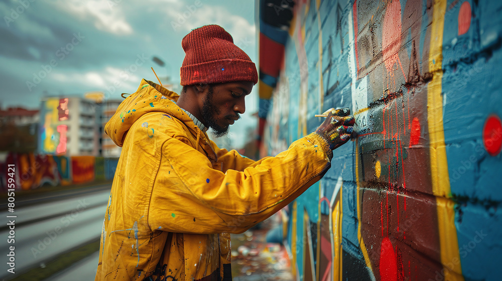 Fototapeta premium Street artist drawing graffiti on the wall