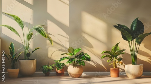 Minimalist indoor space with lush potted plants and shadows