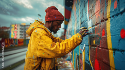 Street artist drawing graffiti on the wall