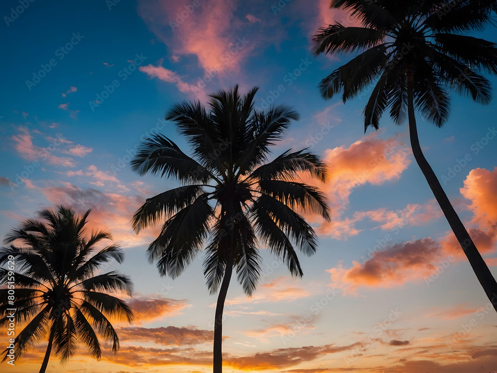 Tropical Bliss, Witness the Beauty of Silhouetted Palm Trees Framing the Sky in the Glow of Sunrise or Sunset.