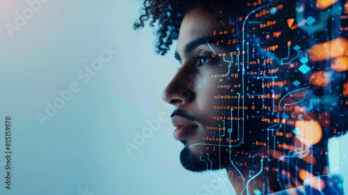 side profile portrait of a Middle Eastern North African male coworker with a tech pattern overlay, portraying a cyber security analyst of artificial intelligence and the future of ai in the workplace	