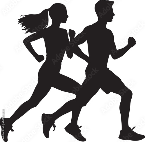 Running man and woman black silhouette isolated vector illustration. Running couple, jogging couple.